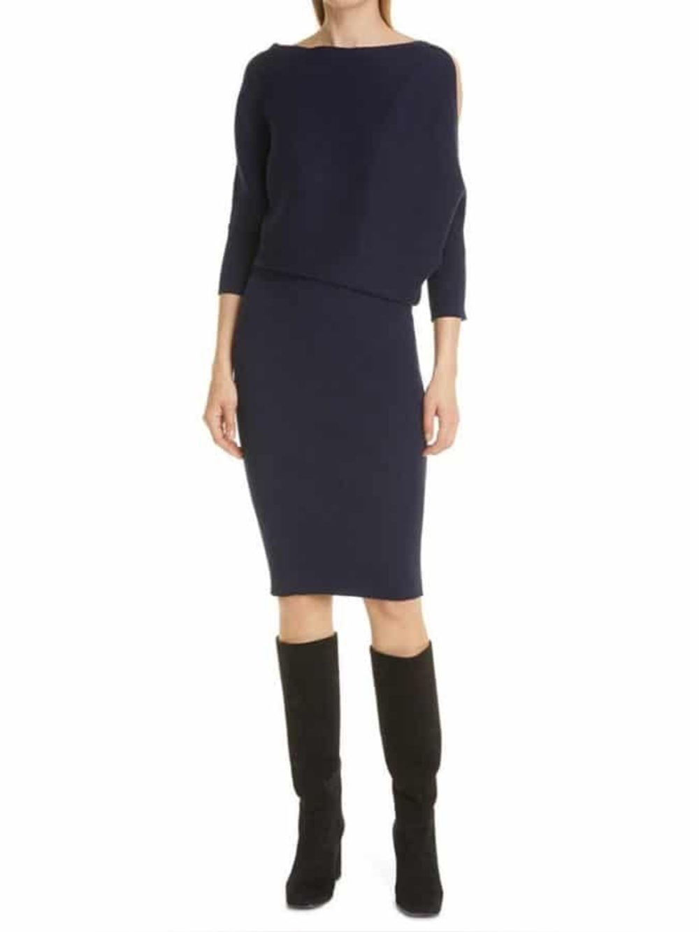 REISS Penny Ribbed Navy Blue Sweater Dress Large Cold Shoulder